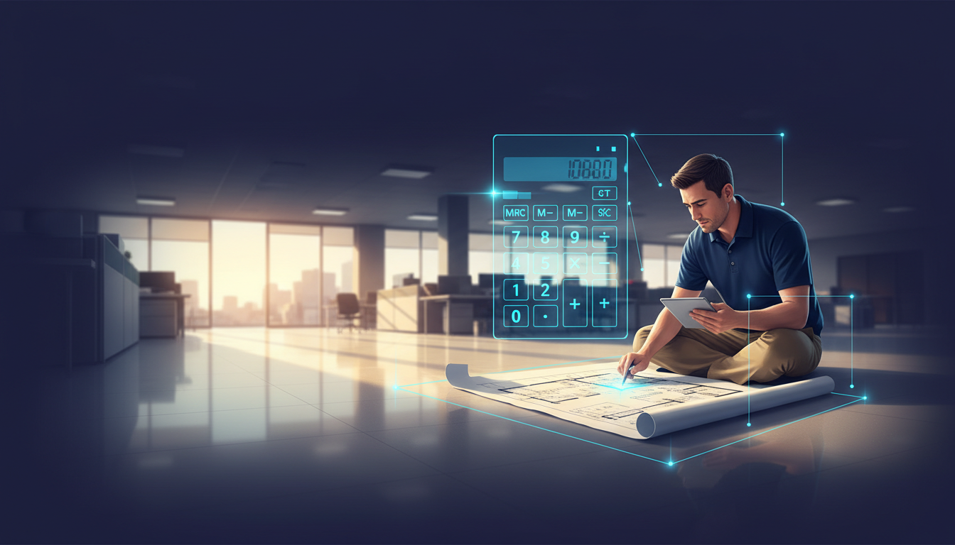 A cleaning contractor reviews a floor plan and tablet while estimating labor hours for an office contract.