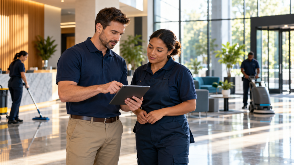 A janitorial business owner and team member review a tablet during a commercial office walkthrough.