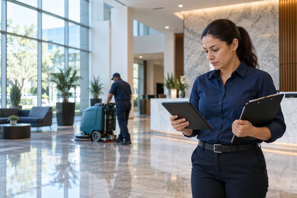 A cleaning supervisor reviews a tablet during a quality walkthrough in a modern commercial lobby.